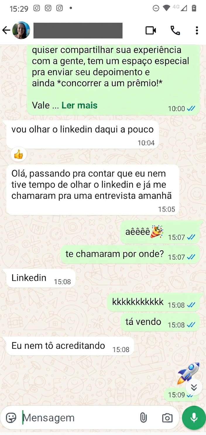 Depoimento — chamada para entrevista pelo LinkedIn